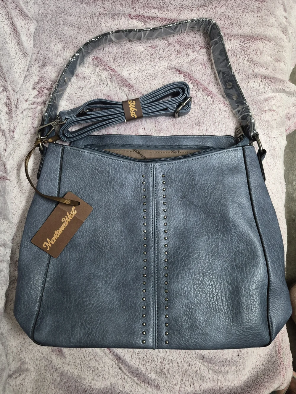 Montana West Dusty Blue Studded Pebbled Leather Shoulder Hobo Bag